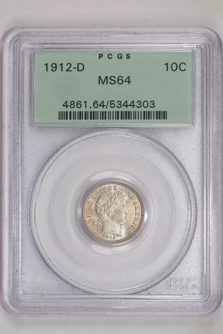 1912-D BARBER DIME PCGS MS64 OGH - VERY PQ!: 1912-D BARBER DIME PCGS MS64 OGH - VERY PQ! Certification: PCGS Composition: Silver Grade: MS 64 Year: 1912 Circulated/Uncirculated: Uncirculated Mint Location: Denver Km Number: Unknown Certification