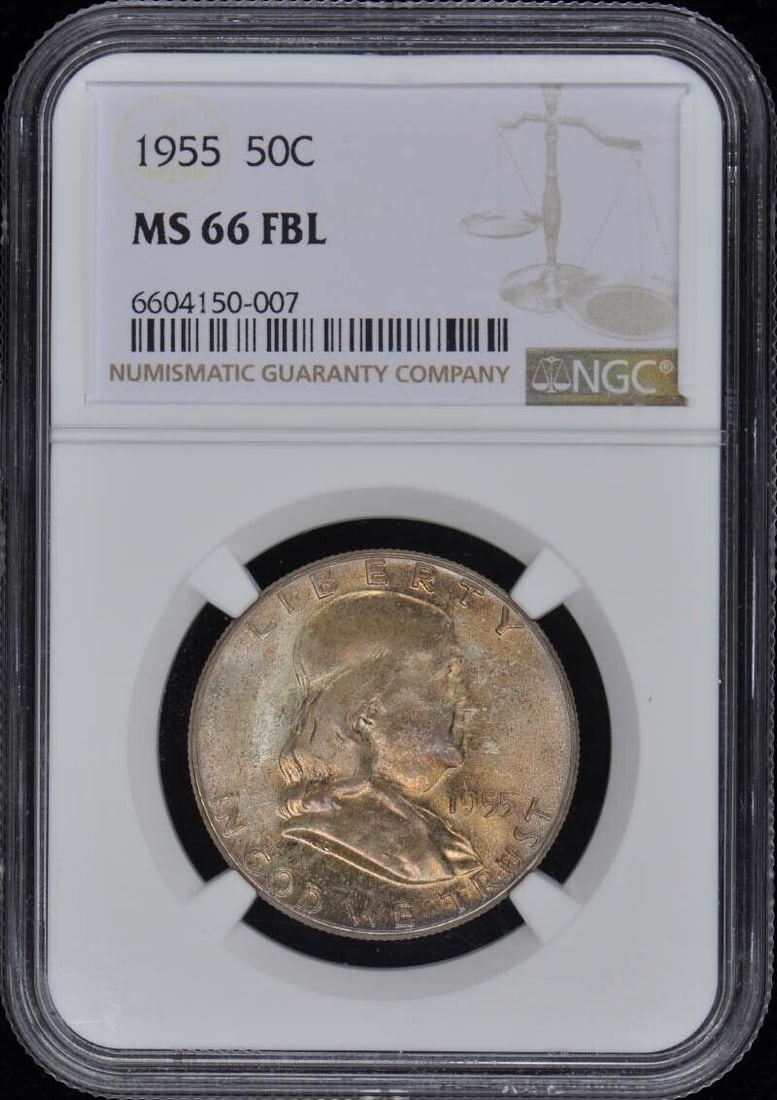 1955 Franklin Half Dollar 50C NGC MS66FBL: 1955 Franklin Half Dollar 50C NGC MS66FBL Certification: NGC Certification Number: 6604150007 Grade: MS66 Year: 1955 Circulated/Uncirculated: Uncirculated Mint Location: Philadelphia Designation: FBL 