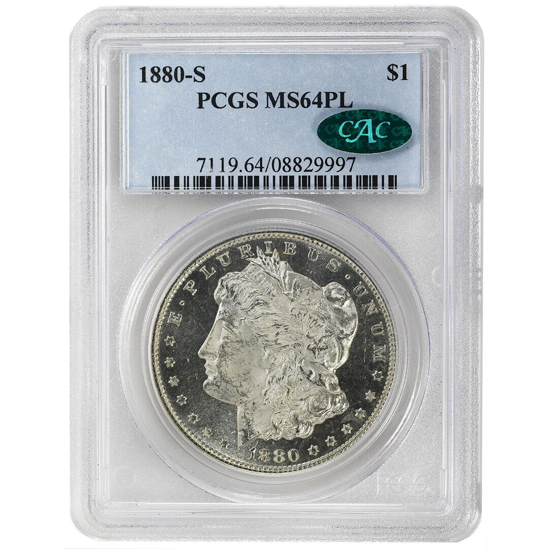 1880-S $1 Morgan Dollar PCGS MS64PL CAC Rare Coin: 1880-S $1 Morgan Dollar PCGS MS64PL CAC Rare Coin Circulated/Uncirculated: Uncirculated Mint Location: San Francisco Strike Type: Proof like Year: 1880 Composition: Silver Denomination: $1 Certificati