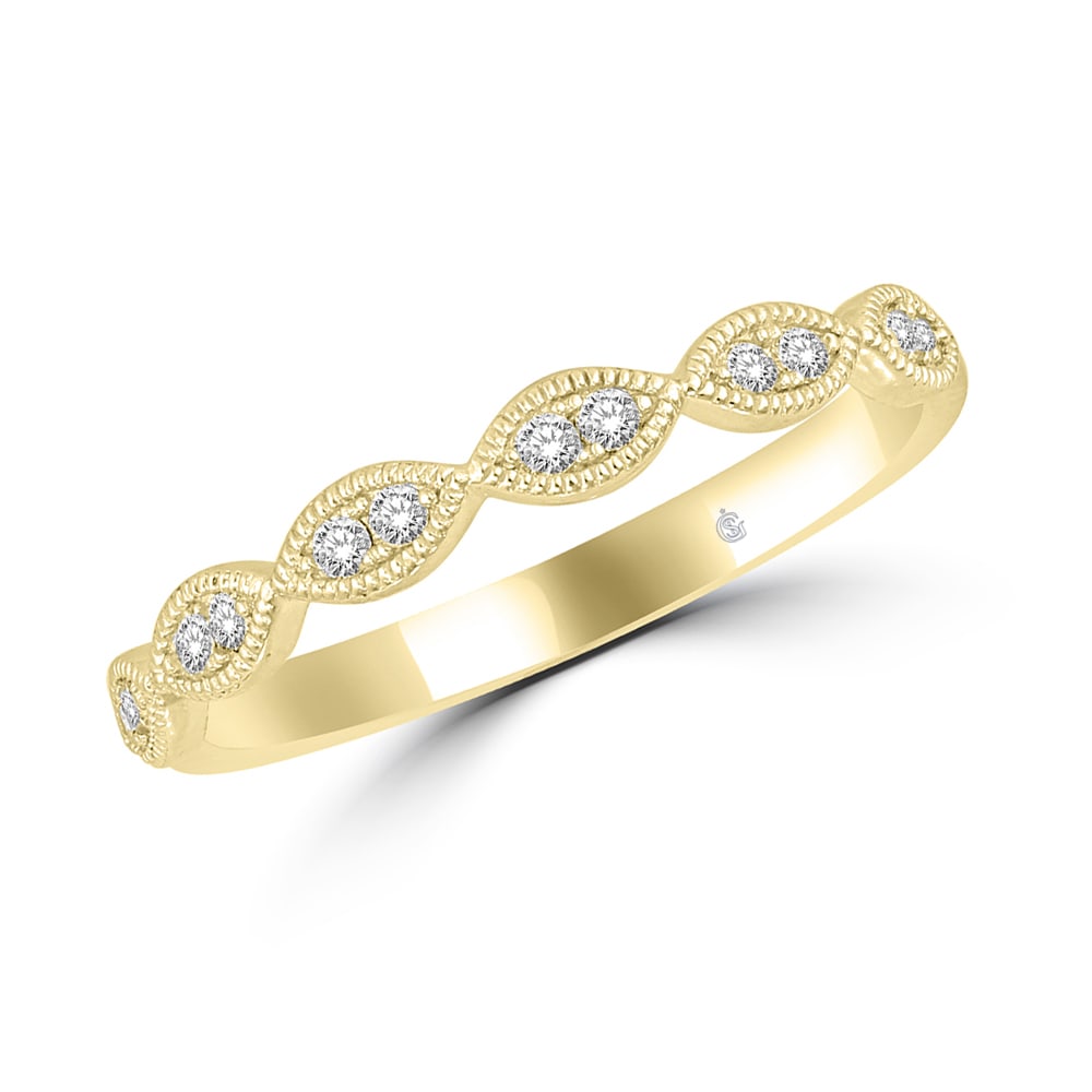 14K Yellow Gold 1/6 Ct.Tw. Diamond Stackable Band: 14K Yellow Gold 1/6 Ct.Tw. Diamond Stackable Band This Glamorous Stackable Band Fashioned In Cool 14K Yellow Gold And Outline With Milgrain Frame. Captivating With 1/6 Ct. T.W. Of Diamonds And A Brill