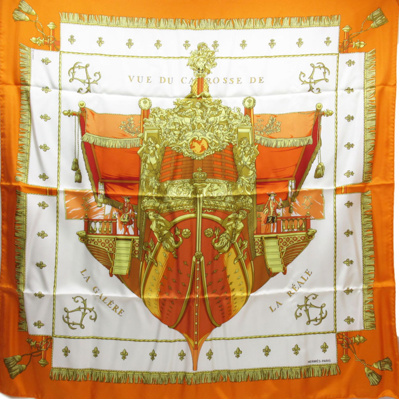 Hermes HERMES Scarf Carre 90 VUE DU CAROSSE DE LA GALERE REALE Queen Coronation Silk White x Orange: Hermes HERMES Scarf Carre 90 VUE DU CAROSSE DE LA GALERE REALE Queen Coronation Silk White x Orange Gold Women's Brand: Hermes Country of Origin: France Gender: Women Color: Anemone White Shape: Squar