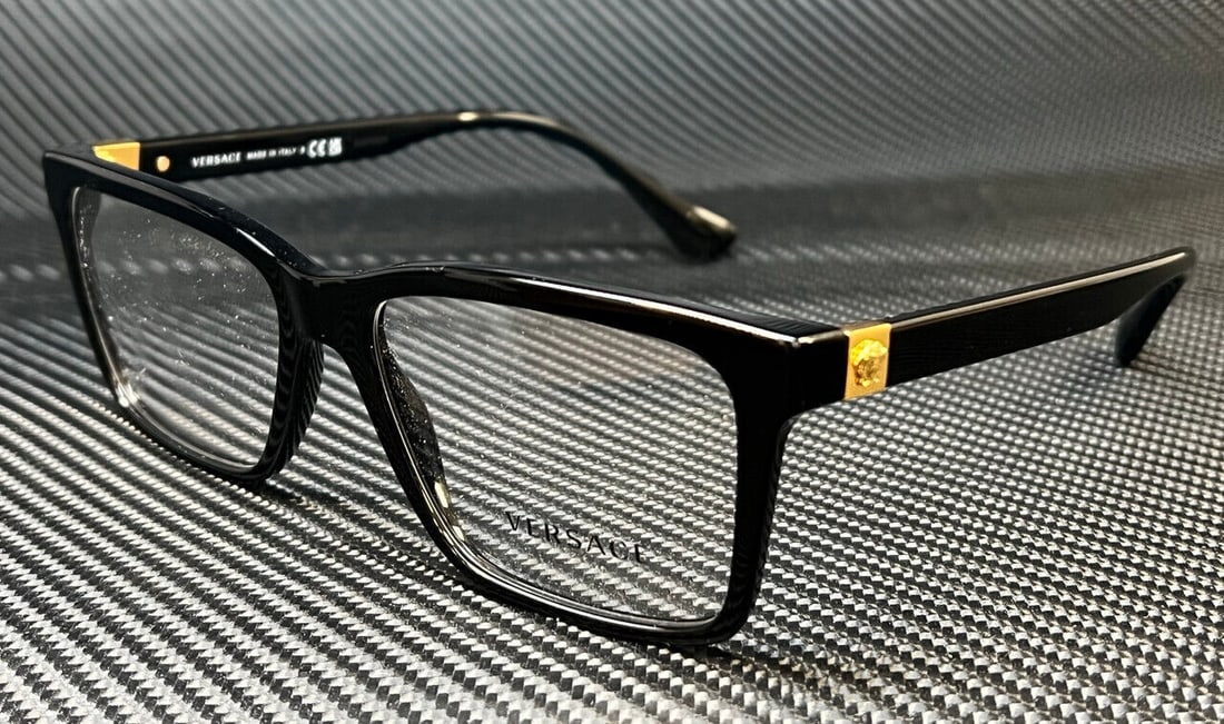 VERSACE VE3328F GB1 Black Gold Mens 56 mm Eyeglasses: VERSACE VE3328F GB1 Black Gold Mens 56 mm Eyeglasses Frame Color: Black Type: Eyeglasses New The Mynt Guarantee: All items in this auction are guaranteed to be 100% authentic. At Your Service: At Mynt