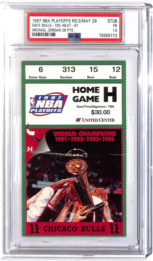 1997 NBA Eastern Conf Finals Game 5 Ticket Heat @ Bulls Jordan 28 Pts PSA 1.5: 1997 NBA Eastern Conf Finals Game 5 Ticket Heat @ Bulls Jordan 28 Pts PSA 1.5 Player: Michael Jordan Original or Reprint: Original Grade: 1.5 Vintage: Yes Event/Tournament: Conference Finals Item: Tic