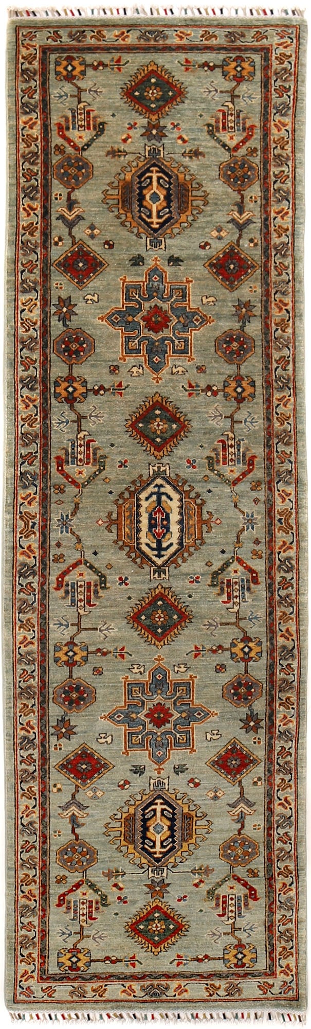 3 x 10 Super Kazak Runner Rug: 3 x 10 Super Kazak Runner Rug Free continental US Shipping Size in Feet: Width: 2.75 x Length: 9.58 Size in Inches: Width: 33 in x Length: 115 in Colors: Green Weave: Hand-knotted Material: Wool Patte