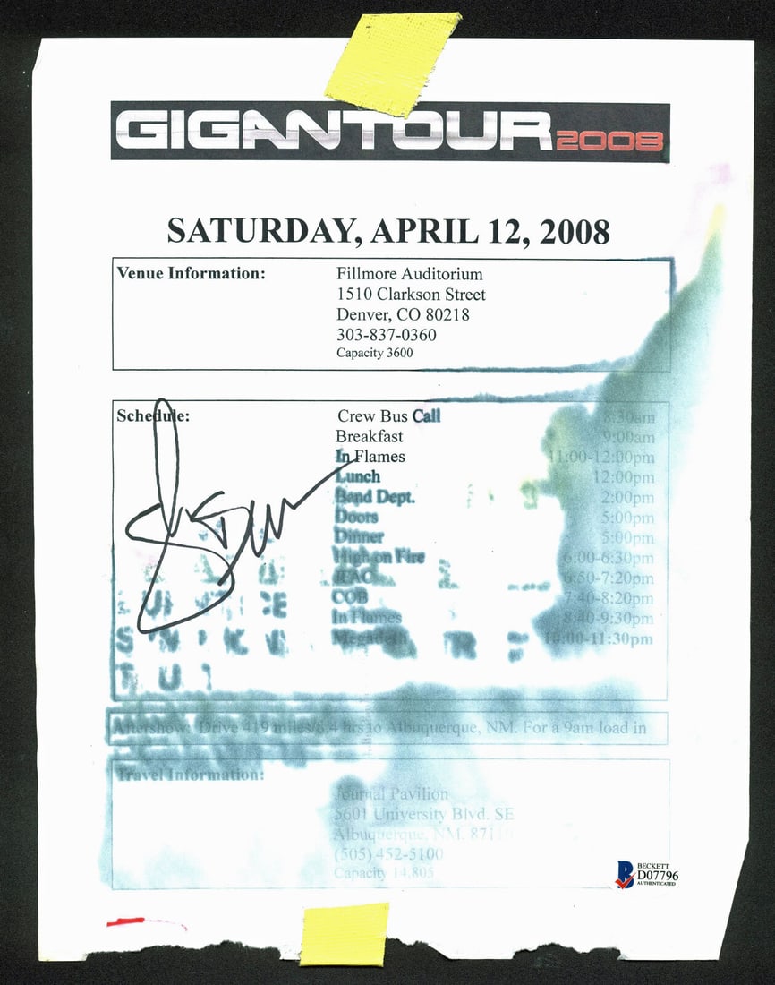 Megadeth Shawn Drover Signed 2008 Gigantour Schedule BAS #D07796: Megadeth Shawn Drover Signed 2008 Gigantour Schedule BAS #D07796 Product Coa: BAS Product Signed By Name: Shawn Drover Pre-Owned While the lot images are representative of the item, the size, placemen