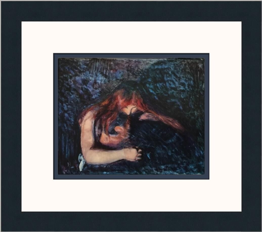 Edvard Munch The Vampire Custom Framed Print: Edvard Munch The Vampire Custom Framed Print Unit Of Sale: Single-Piece Work Artist: Edvard Munch Size: Medium (up to 36in.) Item Length: 14 in Region Of Origin: United States Framing: Matted & Framed