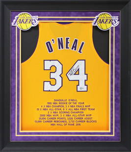 Shaquille ONeal Signed Yellow Pro Style Framed Jersey w/ Stats BAS W: Shaquille ONeal Signed Yellow Pro Style Framed Jersey w/ Stats BAS W Sport: Basketball Product: Jersey Original/Reprint: Original Player: Shaquille O"Neal Autograph Authentication: Beckett Team: Los