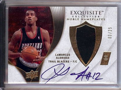 LaMarcus Aldridge 2007-08 UD Exquisite Noble Nameplate Patch/Auto  #NP-LA: LaMarcus Aldridge 2007-08 UD Exquisite Noble Nameplate Patch/Auto #NP-LA Sport: Basketball Player/Athlete: LaMarcus Aldridge Manufacturer: UD Exquisite League: NBA Team: Portland Trailblazers Card Num