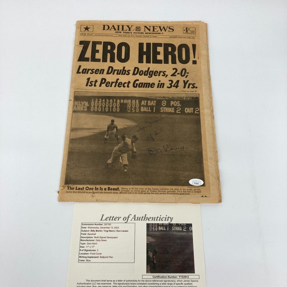 Yogi Berra Don Larsen & Billy Martin 1956 WS Perfect Game Signed Newspaper JSA: Yogi Berra Don Larsen & Billy Martin 1956 WS Perfect Game Signed Newspaper JSA Sport: Baseball Player: Yogi Berra Signed: Yes Autograph Authentication: James Spence Authentication (JSA) Original/Repri