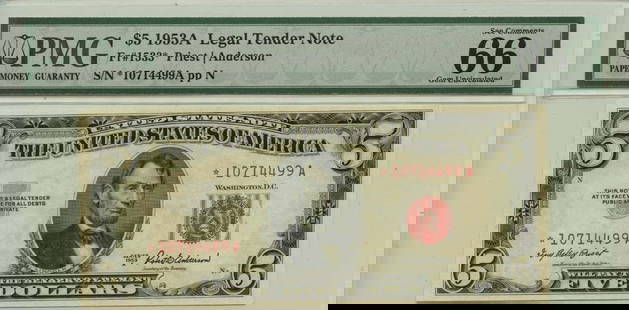 1953A $5 Legal Tender Note Red Fr# 1533* PMG Gem66 EPQ: 1953A $5 Legal Tender Note Red Fr# 1533* PMG Gem66 EPQ Certification: PMG Certification Number: 1024140006 Grade: MS65 Circulated/Uncirculated: Uncirculated Denomination: Legal Tender Note Type: