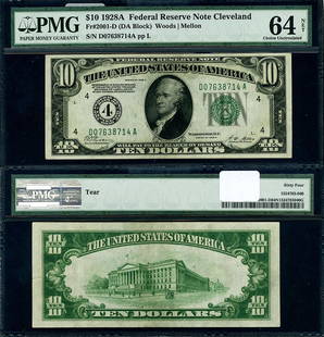 FR. 2001 D $10 1928-A Federal Reserve Note Cleveland D-A Block Choice PMG CU64 N: FR. 2001 D $10 1928-A Federal Reserve Note Cleveland D-A Block Choice PMG CU64 N Circulated/Uncirculated: Uncirculated Grade: CU64 NET Choice Certification: PMG Certification Number: 1524785-040