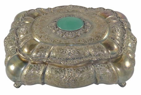 Antique Sterling Silver Box w/ Engraved Flowers & Stone: Antique Sterling Silver Box w/ Engraved Flowers & Stone Age: Unknown Composition: Sterling Silver Antique Sterling Silver Box with Stone 37.58 ozt Dimensions: 10'' W x 8'' L x 4'' H The