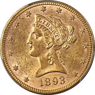 1893-P Liberty Gold $10 PCGS AU58: 1893-P Liberty Gold $10 PCGS AU58 Certification: PCGS Circulated/Uncirculated: Circulated Mint Location: Philadelphia Grade: AU58 Certification Number: 8725.58/47075194 Composition: Gold Year: 1893 Pr