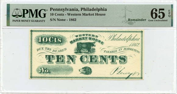 1862 10 Cents Western Market House PA PMG Gem 65 EPQ: 1862 10 Cents Western Market House PA PMG Gem 65 EPQ Certification: NGC Certification Number: 2196635047 Grade: MS65 Circulated/Uncirculated: Uncirculated Denomination: Obsolete Note Pre-Owned The MYN