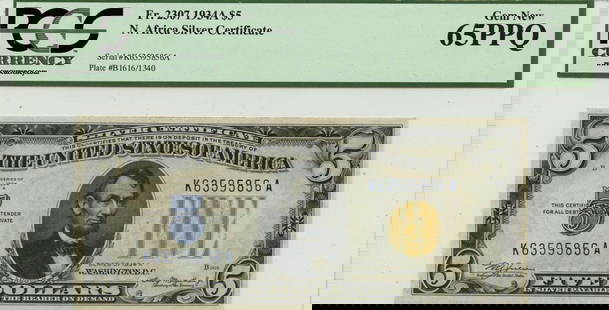 1934A $5 N. Africa Silver Certificate FR#2307 PCGS Gem 65 PPQ: 1934A $5 N. Africa Silver Certificate FR#2307 PCGS Gem 65 PPQ Circulated/Uncirculated: Uncirculated Denomination: $1 Year: 1934 Grade: MS65 Certification: PCGS Currency Grade Designation: PPQ