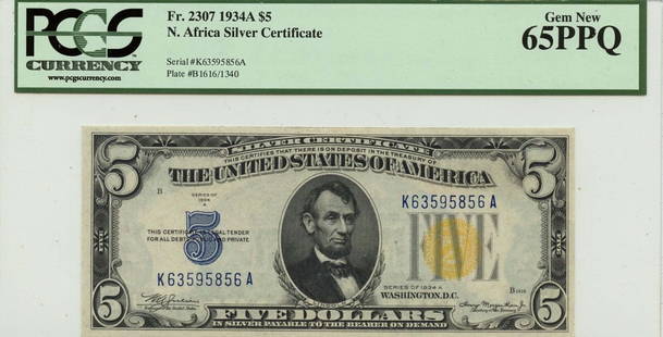 1934A $5 N. Africa Silver Certificate FR#2307 PCGS Gem 65 PPQ: 1934A $5 N. Africa Silver Certificate FR#2307 PCGS Gem 65 PPQ Circulated/Uncirculated: Uncirculated Denomination: $1 Year: 1934 Grade: MS65 Certification: PCGS Currency Grade Designation: PPQ Certific