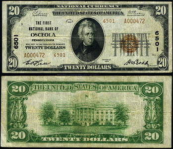 Osceola PA-Pennsylvania $20 1929 T-2 National Bank Note Ch #6501 FNB VF