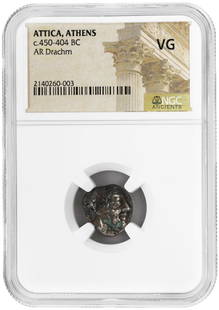 ATTICA  ATHENS  c.450-404 BC  AR Drachm  NGC VG: ATTICA ATHENS c.450-404 BC AR Drachm NGC VG Grade: VG Denomination: AR Drachm Composition: Silver Certification: NGC Certification Number: 2140260003 c.450-404 BC ATTICA ATHENS AR Drachm NGC VG Certif