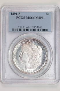 1891-S MORGAN DOLLAR PCGS MS64 DMPL - VERY PQ!: 1891-S MORGAN DOLLAR PCGS MS64 DMPL - VERY PQ! Certification: PCGS Composition: Silver Grade: MS 64 Year: 1891 Circulated/Uncirculated: Uncirculated Mint Location: San Francisco Km Number: Unknown Cer