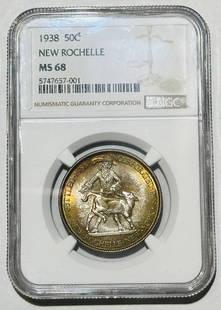 1938 P Commemorative New Rochelle NGC MS-68 Rainbow Toning: 1938 P Commemorative New Rochelle NGC MS-68 Rainbow Toning Certification: NGC Composition: Silver Grade: MS 68 Year: 1938 Circulated/Uncirculated: Uncirculated Mint Location: Philadelphia Km Number: