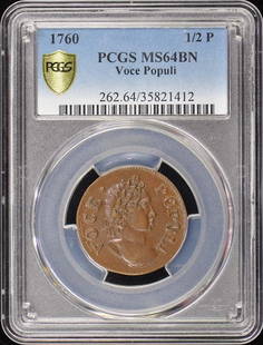 1760 1/2 P Voce Populi Hibernia Colonials Coins PCGS MS64BN: 1760 1/2 P Voce Populi Hibernia Colonials Coins PCGS MS64BN Certification: PCGS Certification Number: 35821412-1 Grade: MS64 Year: NONE Circulated/Uncirculated: Uncirculated Mint Location: Philadelphi