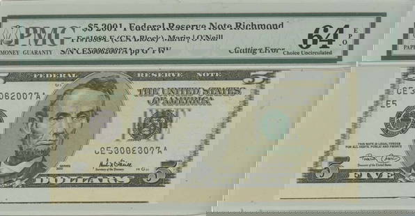 2001 $5 FRN PMG 64 EPQ Cutting Error Choice Uncirculated Richmond: 2001 $5 FRN PMG 64 EPQ Cutting Error Choice Uncirculated Richmond Certification: PMG Certification Number: 1162380002 Grade: MS64 Circulated/Uncirculated: Uncirculated Denomination: Federal Reserve