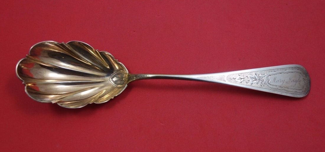 George Sharp Sterling Silver Berry Spoon GW Shell BC w/ "Mary Nagle" Mono 8 3/4": George Sharp Sterling Silver Berry Spoon GW Shell BC w/ "Mary Nagle" Mono 8 3/4" George sharpgeorge sharp sterling silver berry spoon shell, gold washed, bright-cut, 8 3/4". It is monogrammed "mary na