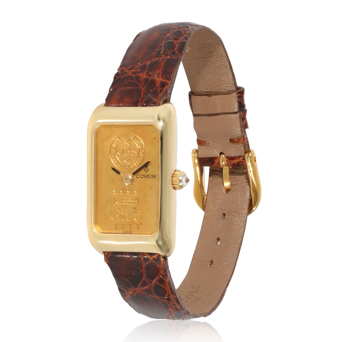 Corum 5Gr Ingot 14300P58 Womens Watch in Yellow Gold: Corum 5Gr Ingot 14300P58 Womens Watch in Yellow Gold Case Height (Mm): 6.00 Bezel Type: Smooth Case Size: 16.5 Crystal: Sapphire Clasp/Buckle Type: Tang Buckle Band Length (Inches): 6.75 With Original