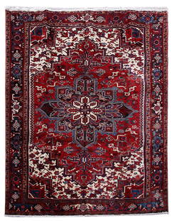 8 x 10 Red Persian Heriz Rug: 8 x 10 Red Persian Heriz Rug Free continental US Shipping Size in Feet: Width: 8 x Length: 10 Size in Inches: Width: 96 in x Length: 120 in Colors: Red Ivory Capri Blue Weave: 100% Handmade Pile: 3/8