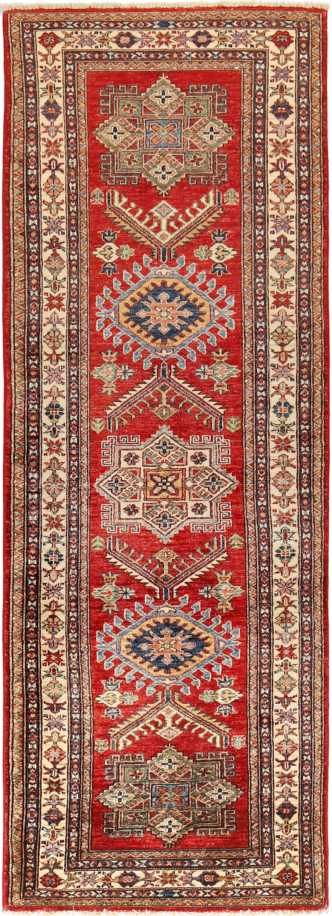 3 x 8 Super Kazak Runner Rug: 3 x 8 Super Kazak Runner Rug Free continental US Shipping Size in Feet: Width: 2.66 x Length: 7.83 Size in Inches: Width: 32 in x Length: 94 in Colors: Red Ivory blue green Weave: Hand-knotted Materia