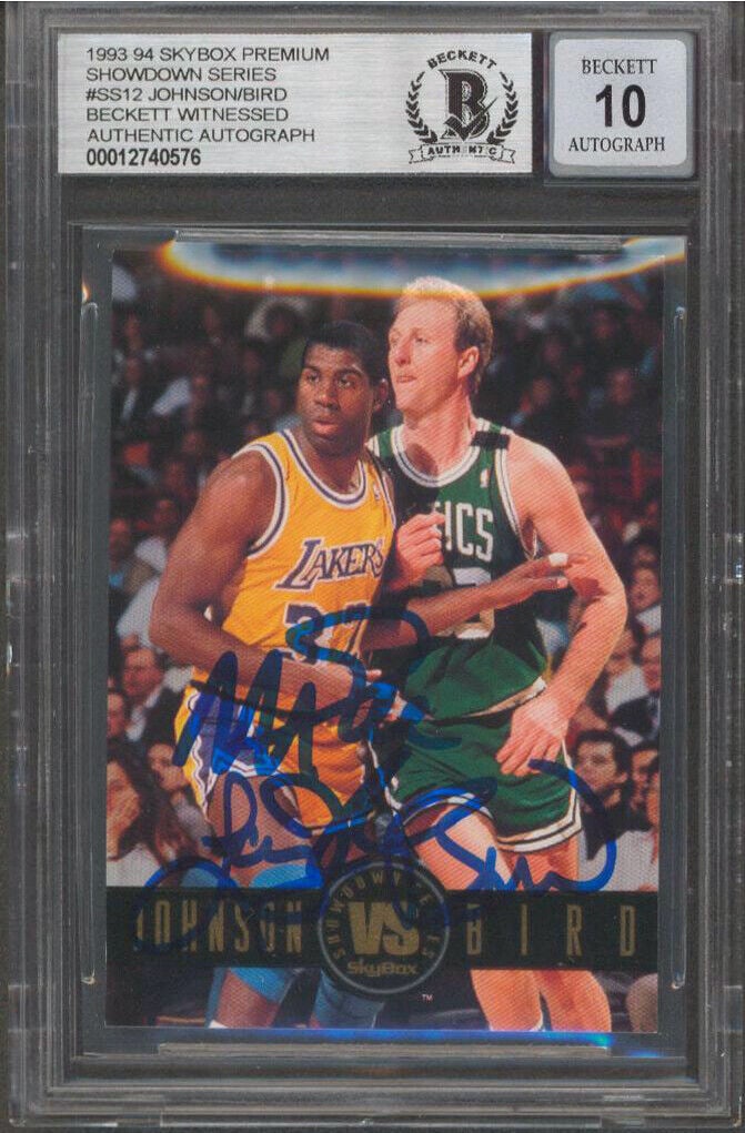 Magic Johnson Larry Bird Signed 1993 Skybox Premium #SS12 Card Auto 10 BAS Slab: Magic Johnson Larry Bird Signed 1993 Skybox Premium #SS12 Card Auto 10 BAS Slab Sport: Basketball-NBA League: NBA Graded: Yes Product Coa: Beckett Product Signed By Name: Magic Johnson & Larry Bird Pr