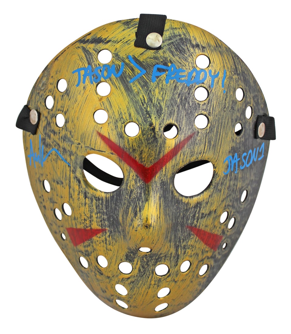 Ari Lehman "Jason Freddy" Signed Gold Jason Mask w/ Blue Sig BAS Witnessed: Ari Lehman "Jason Freddy" Signed Gold Jason Mask w/ Blue Sig BAS Witnessed Industry: Movies Original/Reproduction: Original Autograph Authentication: Beckett Product Coa: Beckett Product Signed By Nam