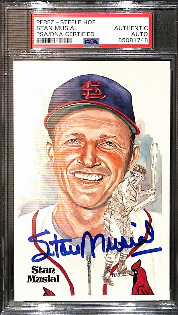 Stan Musial Signed 1981 Perez-Steele HOF Postcard Cardinals PSA/DNA 183737: Stan Musial Signed 1981 Perez-Steele HOF Postcard Cardinals PSA/DNA 183737 Original/Reprint: Original Player: Steele Product: Postcard Signed: Yes Sport: Baseball Team: Perez Steele League: MLB Pre-Ow