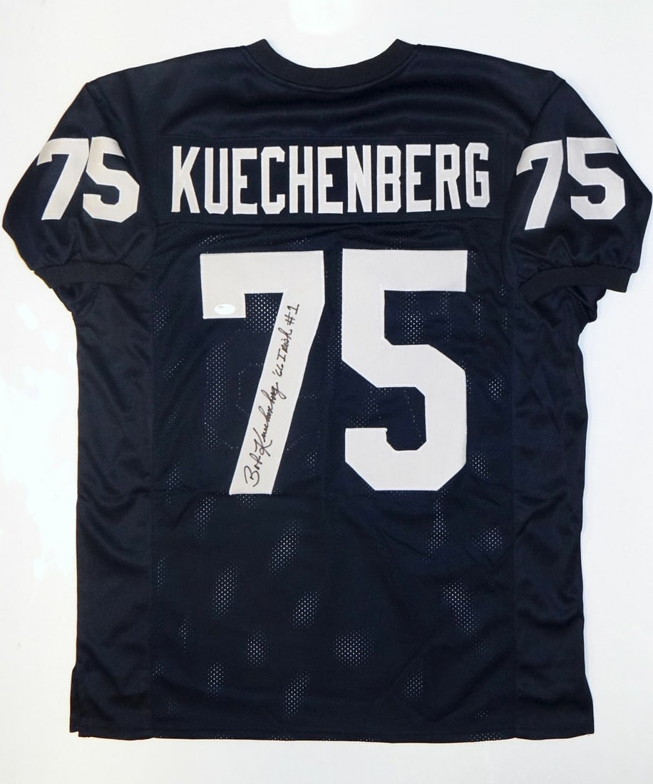 Bob Kuechenberg Autographed Navy Blue College Style Jersey- JSA W ated: Bob Kuechenberg Autographed Navy Blue College Style Jersey- JSA W ated Product: Jersey Sport: Football Autograph Authentication: James Spence (JSA) Signed: Yes Original/Reprint: Original Pre-Owned Whi