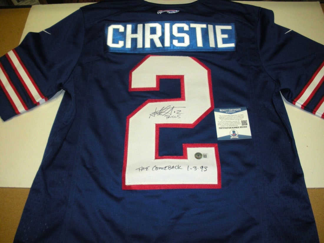 STEVE CHRISTIE BUFFALO BILLS BECKETT/COA SIGNED OFFICIAL LICENSED NIKE JERSEY: STEVE CHRISTIE BUFFALO BILLS BECKETT/COA SIGNED OFFICIAL LICENSED NIKE JERSEY Sport: Football-NFL Original/Reprint: Original Product: Jersey Pre-Owned While the lot images are representative of the it