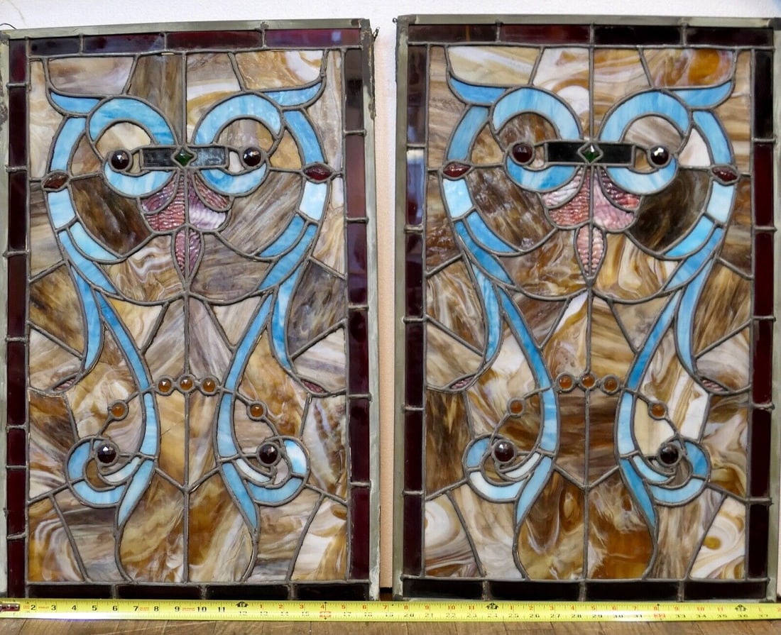 Stained Glass Window Panels: Stained Glass Window Panels Type: Window Panel Type Of Glass: Stained Glass Color: Multi-Color Style: Arts & Crafts/Mission Style Original/Reproduction: Vintage Original Material: Glass Subject/Theme: