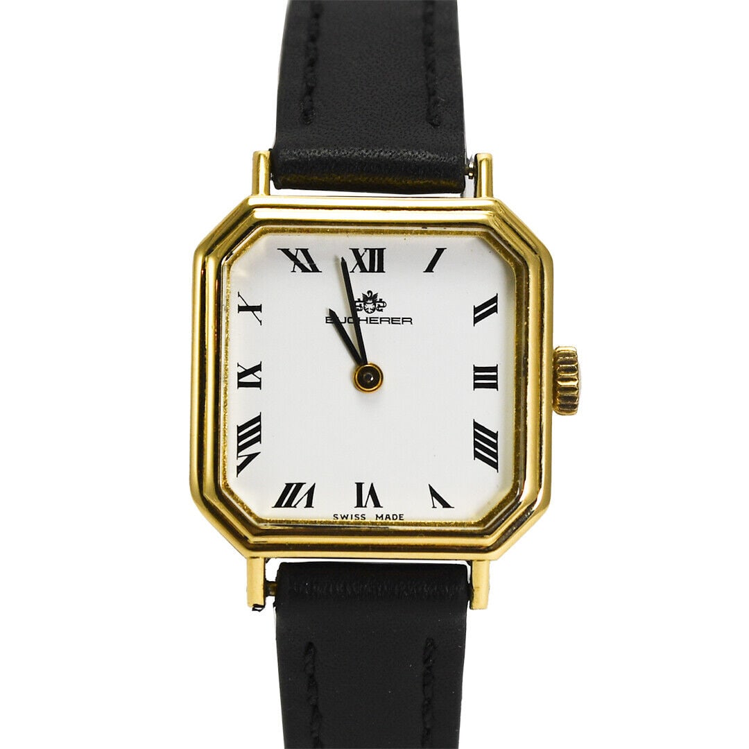 18K Yellow Gold Vintage Bucherer Manual Wind Watch (22mm): 18K Yellow Gold Vintage Bucherer Manual Wind Watch (22mm) Pa Watch-Number-Jewels: 17 Jewels Vintage: Yes Bezel Color: Gold With Manual/Booklet: No Base Metal: Yellow Gold Band Color: Black Case Color: