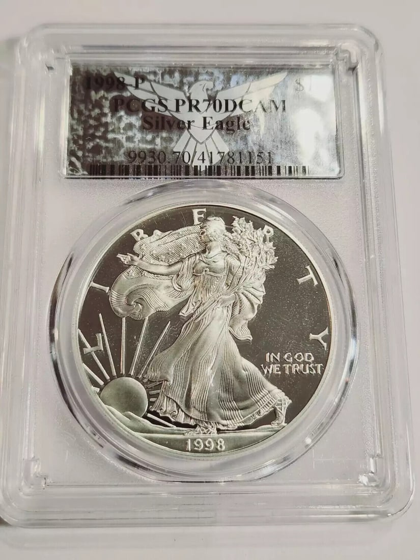 1998 P Silver Eagles PCGS PR-70 DCAM: 1998 P Silver Eagles PCGS PR-70 DCAM Certification: PCGS Composition: Silver Grade: PR 70 Year: 1998 Circulated/Uncirculated: Uncirculated Strike Type: Proof Mint Location: Philadelphia Country: USA K