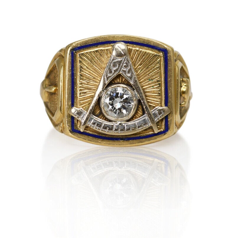 14K Yellow Gold Masonic Diamond Ring .47ct 21.9g: 14K Yellow Gold Masonic Diamond Ring .47ct 21.9g Type: Ring Diamond Color Grade: K Number Of Diamonds: 1 Base Metal: Yellow Gold Style: Masonic Ring Size: 11.75 Metal: Yellow Gold Metal Purity: 14k To