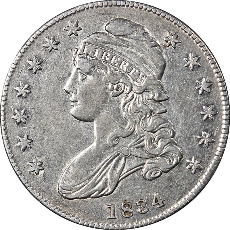 1834 Bust Half Dollar 'Small Date Small Letters' Nice AU 0-115 R.2 Nice Strike: 1834 Bust Half Dollar 'Small Date Small Letters' Nice AU 0-115 R.2 Nice Strike Certification: Uncertified Circulated/Uncirculated: Circulated Composition: Silver Grade: Nice AU Year: 1834 Fineness: 0.