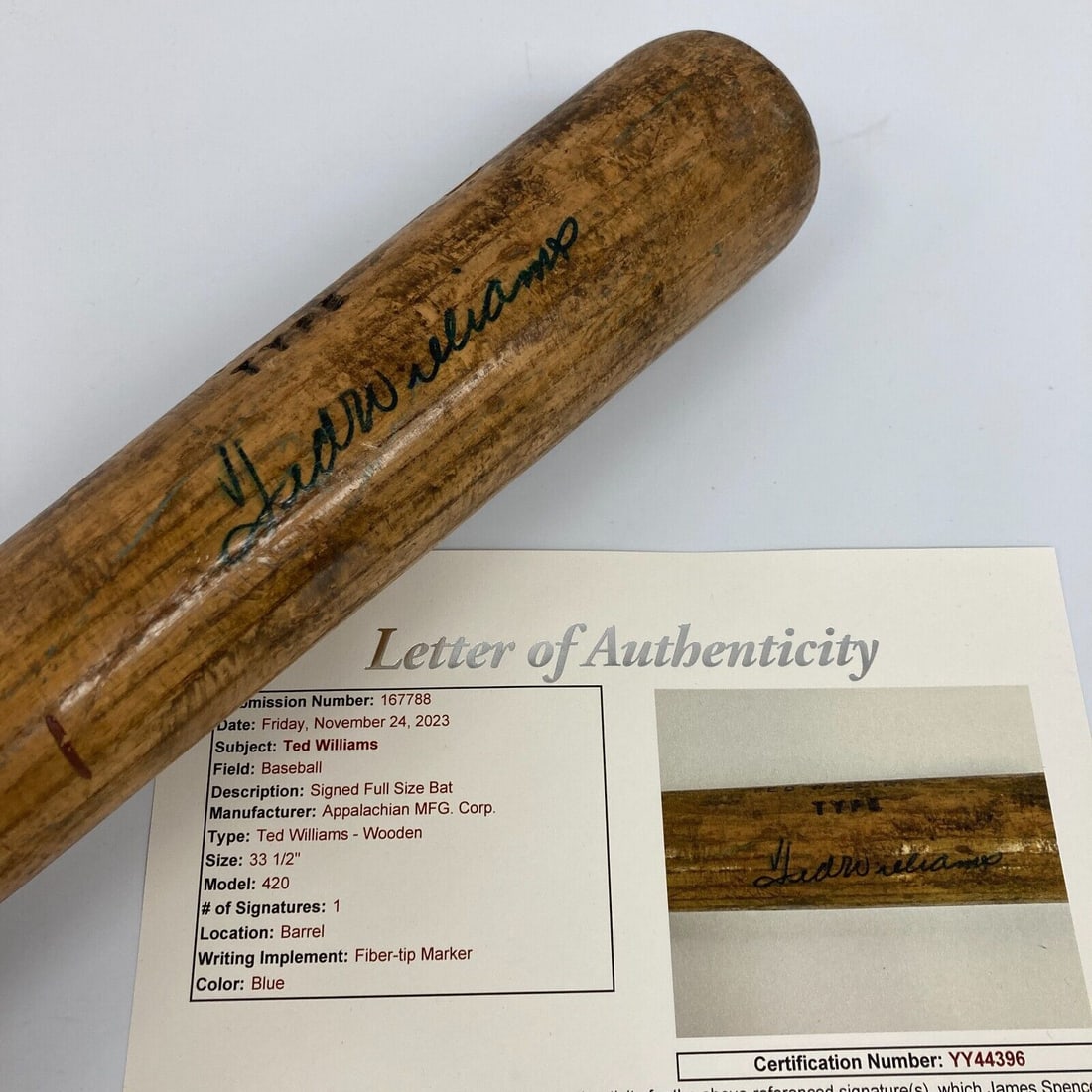 Ted Williams Signed 1950s Appalachian Game Model Baseball Bat JSA COA: Ted Williams Signed 1950s Appalachian Game Model Baseball Bat JSA COA Sport: Baseball Player: Ted Williams Signed: Yes Original/Reprint: Original Autograph Authentication: James Spence Authentication