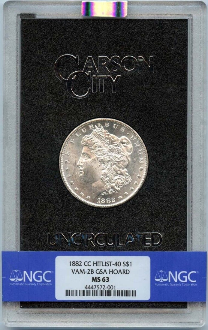 1882-CC HITLIST-40 Morgan Dollar VAM-2B GSA HOARD S$1 NGC MS63: 1882-CC HITLIST-40 Morgan Dollar VAM-2B GSA HOARD S$1 NGC MS63 Certification: NGC Certification Number: 4447572001 Grade: MS63 Year: 1882 Circulated/Uncirculated: Uncirculated Mint Location: Carson Ci