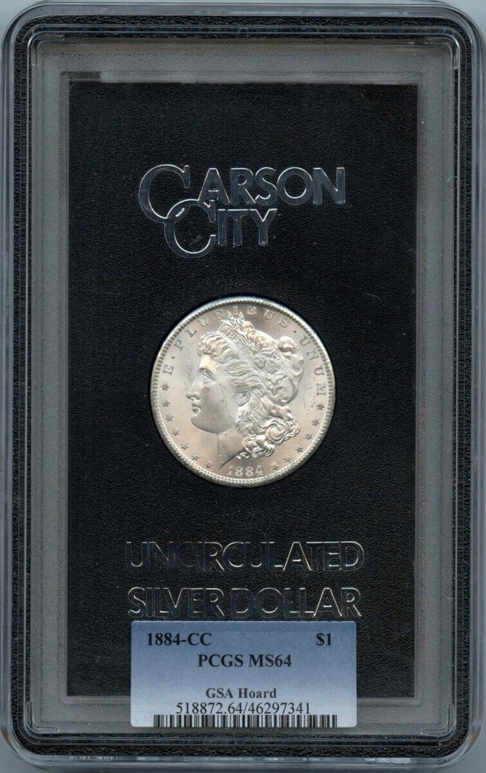 1884-CC $1 Morgan Dollar GSA Hoard PCGS MS64: 1884-CC $1 Morgan Dollar GSA Hoard PCGS MS64 Certification: PCGS Certification Number: 46297341 Grade: MS64 Year: 1884 Circulated/Uncirculated: Uncirculated Mint Location: Carson City Designation: NON
