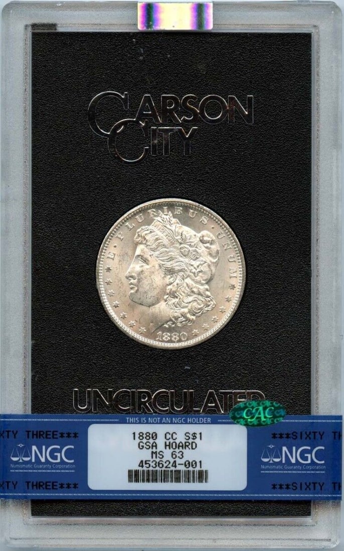 1880-CC Morgan Dollar GSA HOARD S$1 NGC MS63 (CAC): 1880-CC Morgan Dollar GSA HOARD S$1 NGC MS63 (CAC) Certification: NGC Certification Number: 45362401 Grade: MS63 Year: 1880 Circulated/Uncirculated: Uncirculated Mint Location: Carson City Designation