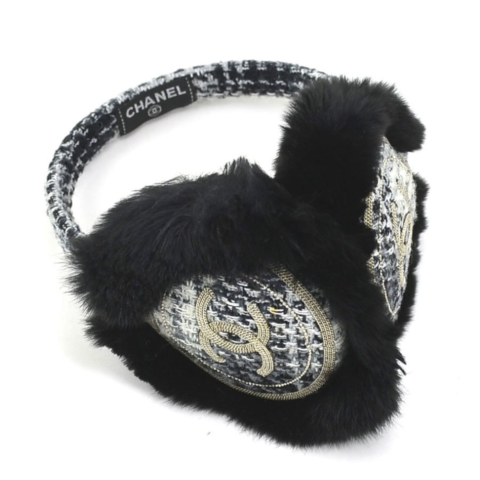 CHANEL earmuffs here mark tweed/fur black ladies: CHANEL earmuffs here mark tweed/fur black ladies Brand: Chanel Type: Ear warmers Gender: Women Color: Black Material: Tweed Fur Tweed: Fur: Total Length: 34cm / 13.38 Earmuff Diameter: 10cm / 3.93 Con