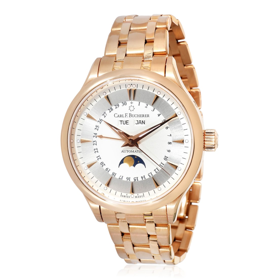 Carl F. Bucherer Manero Moonphase 10909.03A Mens Watch in 18k Rose Gold: Carl F. Bucherer Manero Moonphase 10909.03A Mens Watch in 18k Rose Gold Case Height (Mm): 11.10 Bezel Type: Smooth Case Size: 38 Crystal: Sapphire Clasp/Buckle Type: Butterfly Band Length (Inches): 7.