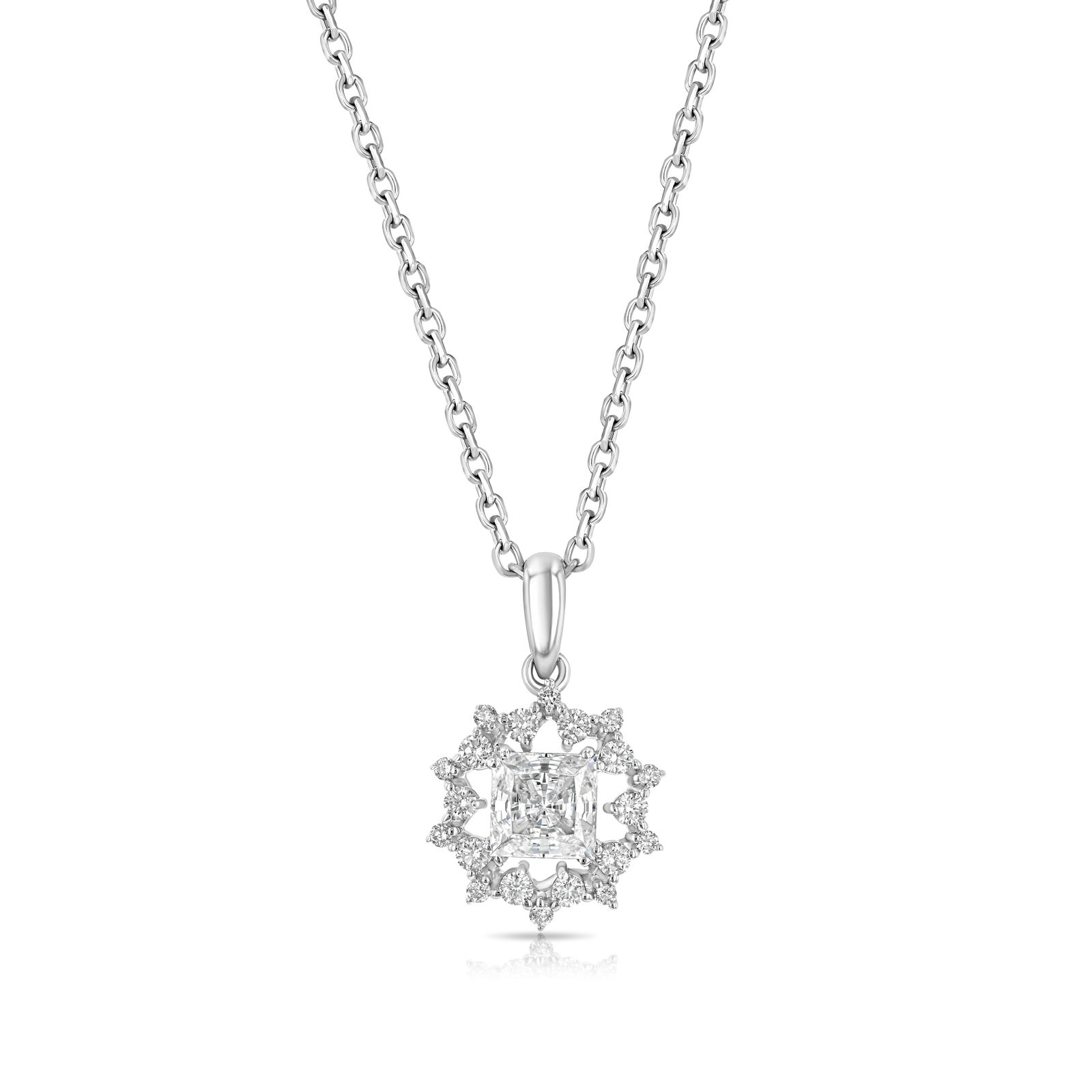 Diamond Floral Pendant In 14k White Gold Cz Ctr 1/5ctw 16-18 Inch Adj Chain: Diamond Floral Pendant In 14k White Gold Cz Ctr 1/5ctw 16-18 Inch Adj Chain Gorgeous Flair Cluster Floral Pendant With 4.5mm Princess Cut Cubic Zirconia Center Accented With Round Brilliant Diamonds S