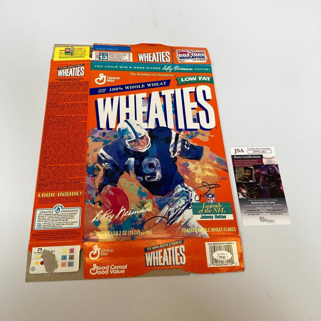 Johnny Unitas Signed Leroy Neiman Wheaties Cereal Box JSA COA: Johnny Unitas Signed Leroy Neiman Wheaties Cereal Box JSA COA Product: Photo Sport: Football-NFL Autograph Authentication: James Spence Authentication (JSA) Original/Reprint: Original Pre-Owned While