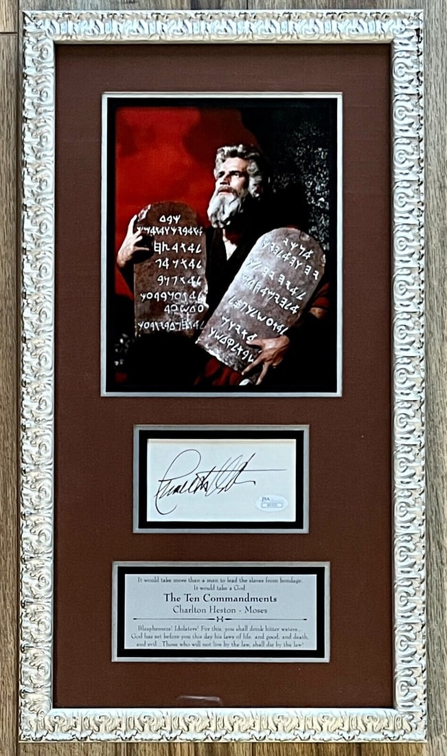 CHARLTON HESTON d.2008 (Moses-The Ten Commandments) custom framed display-JSA: CHARLTON HESTON d.2008 (Moses-The Ten Commandments) custom framed display-JSA Industry: Movies Movie: The Ten Commandments Signed: Yes Autograph Authentication: James Spence (JSA) Original/Reproductio