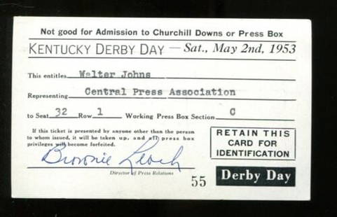 1953 Kentucky Derby Press Pass Ticket 5/2/53 Dark Star Ex 23209: 1953 Kentucky Derby Press Pass Ticket 5/2/53 Dark Star Ex 23209 Year: 1953 Original/Reproduction: Original Product Type: Ticket Stub Pre-Owned While the lot images are representative of the item, the